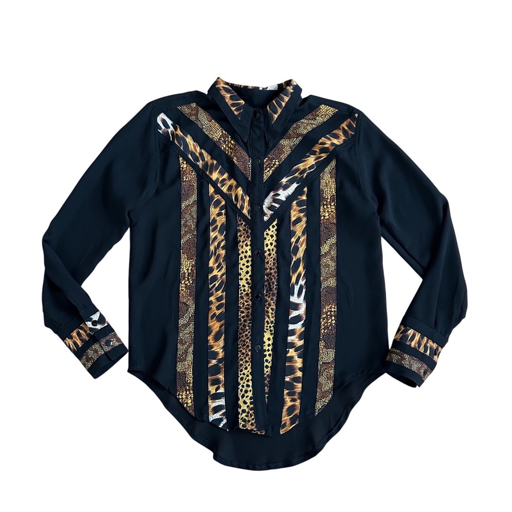 Vintage Animal Print Button‎ Down Shirt Black Leopard Snakeskin XS funky silky